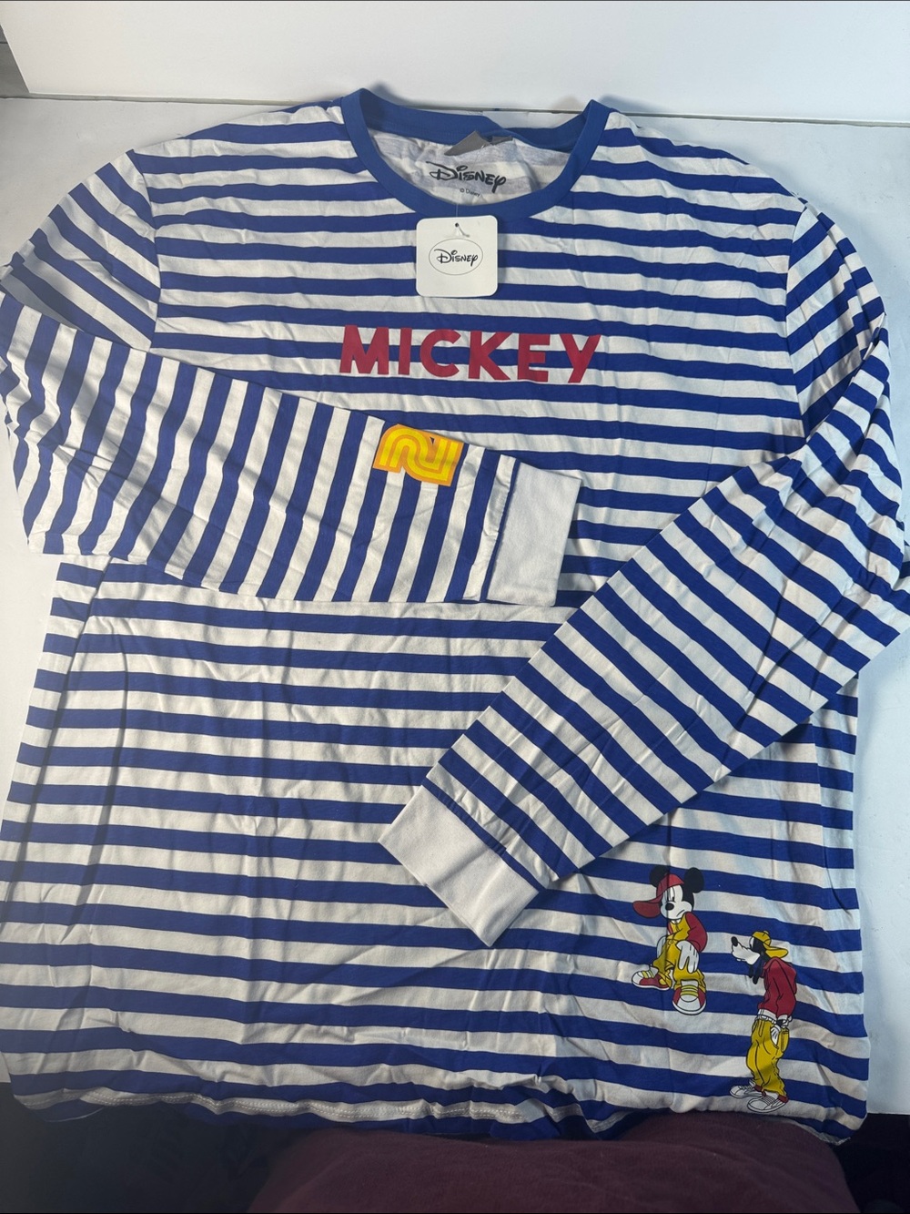 Disney Blue & White Striped Mickey Long-Sleeve Tee with Red Logo